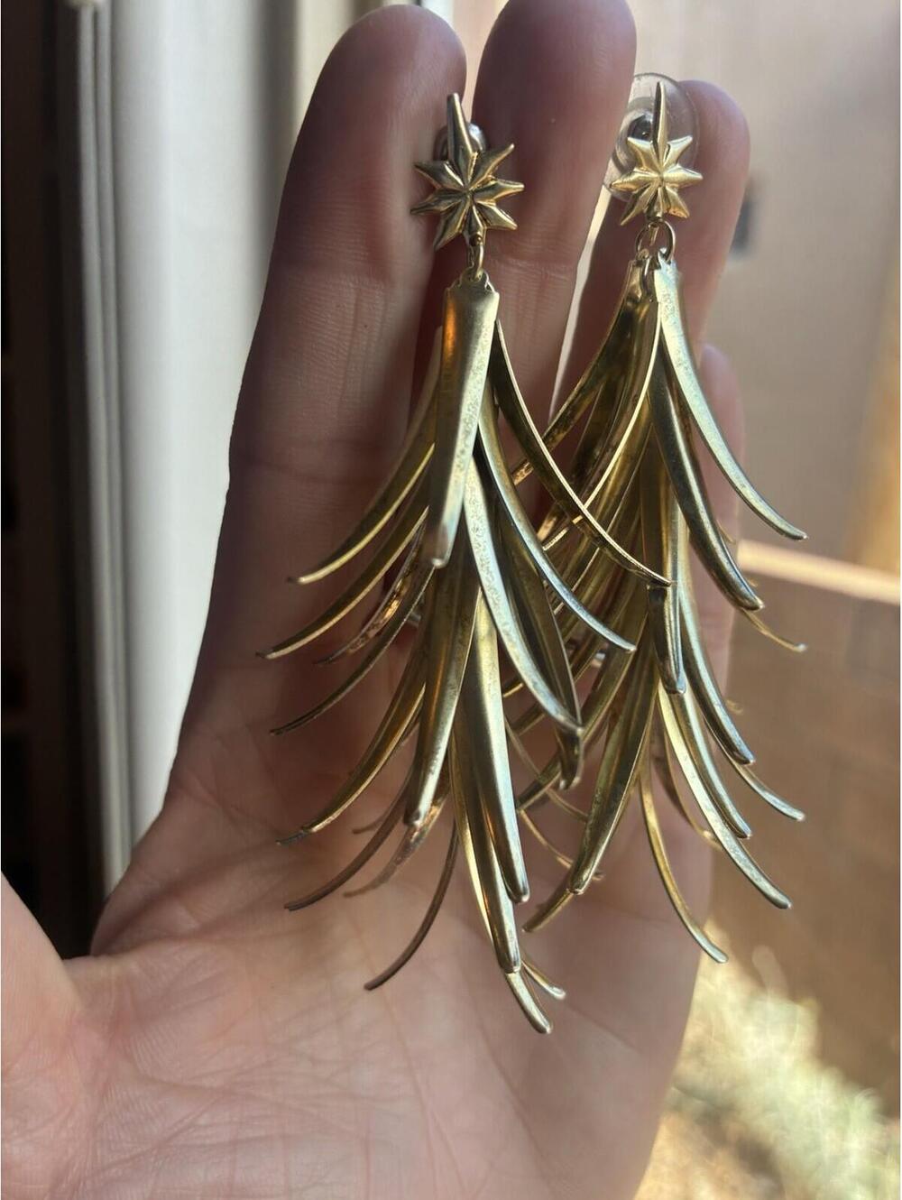 Vintage Gold Tone Starburst Fringe Statement Earrings Runway 3.5”